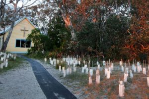 An image looking from Lake King shoreline towards The Abbey Chapel